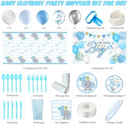 Chengu 194 Pcs Elephant Baby Shower Decorations - Blue Boy Theme Backdrop Tablecloth Balloons Tableware