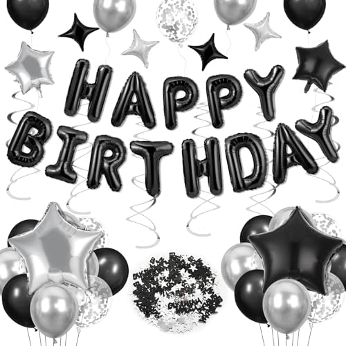 Black Happy Birthday Balloons Decorations with Star Balloons and Confetti