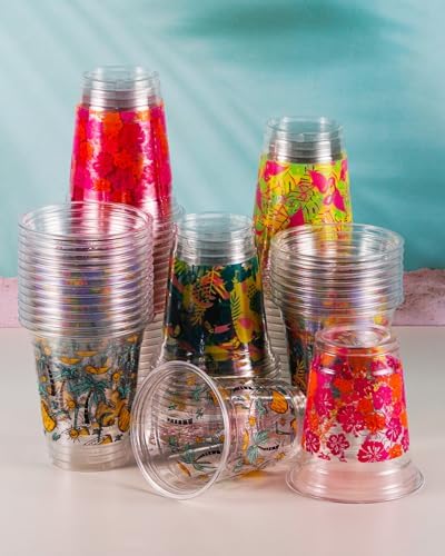 60 Pack Tropical Luau Party Cups with Flamingo and Pineapple Print