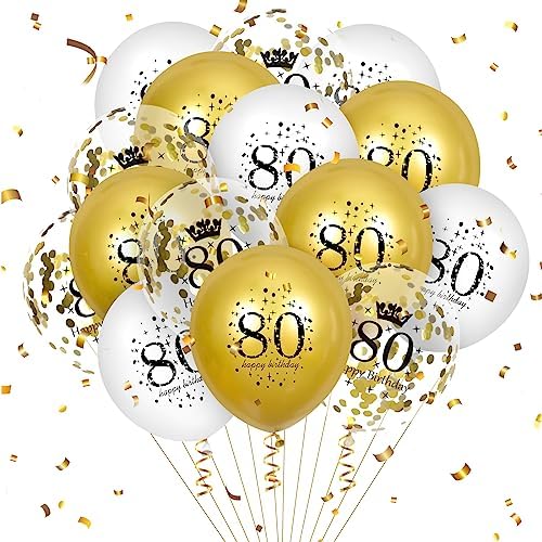 80th Birthday Balloons 15Pcs White Gold