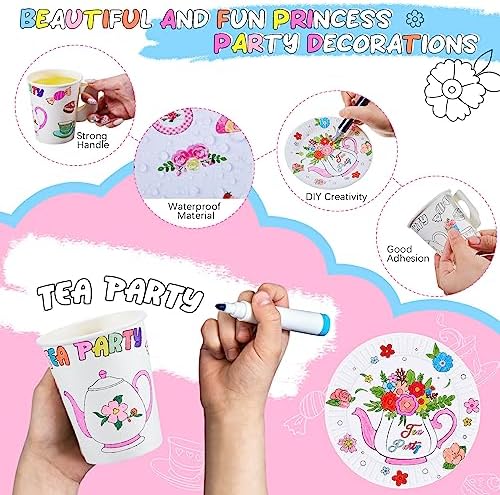 Lenwen 48 Piece Color Your Own Tea Party Cups with Handles and Plates