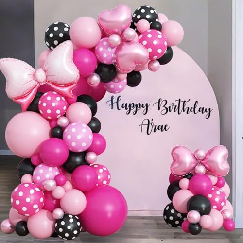 Pink Black Balloons Arch Garland with Bow Heart Foil Balloon Cartoon Mouse Party Decorations