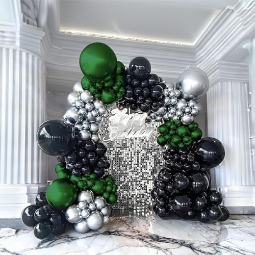 60 Piece Dark Green Black Silver Balloons for Decorations