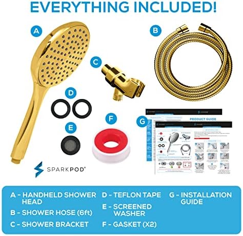 SparkPod High Pressure Handheld Shower Head with Hose and Bracket - 6 Inch Rainfall 6ft Hose Easy Install