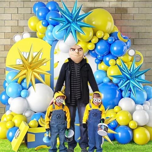115PCS Light Blue White Yellow Latex Balloons with Aluminum Foil and Glue Dots
