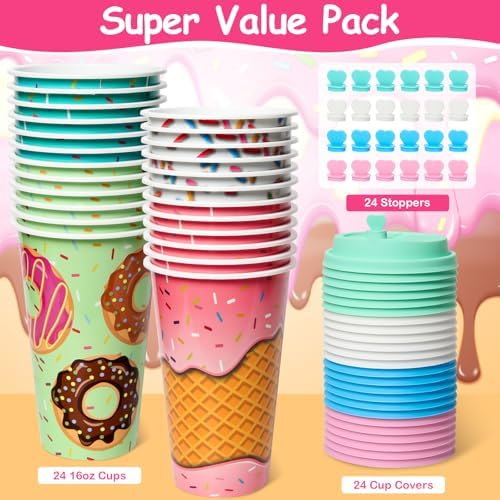 Ice Cream Donut Party Cups 24 Pack with Lids