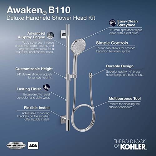 KOHLER Awaken Deluxe 3-Function Handshower Kit Brushed Nickel 175 GPM