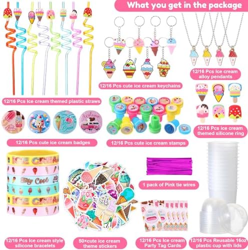 195 Pcs Ice Cream Party Favor Set for 16 Kids