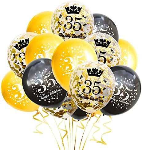 Happy 35th Birthday Balloons 15pcs 12inch Black Gold Confetti Decorations