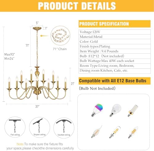 12 Light Gold Farmhouse Chandelier Dining Room Fixture