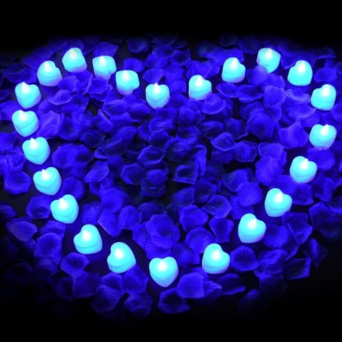 KOABY 2000pcs Blue Artificial Rose Petals with 24pcs LED Tea Lights Decor Kit