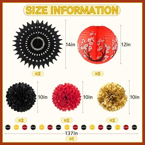 14Pcs Hibachi Party Decor Kit with Japanese Lanterns and Pom Poms