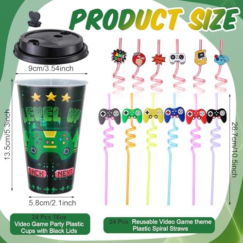 Maxcheck Game Controller Cups 24 Pack Birthday Favors with Lids and Straws