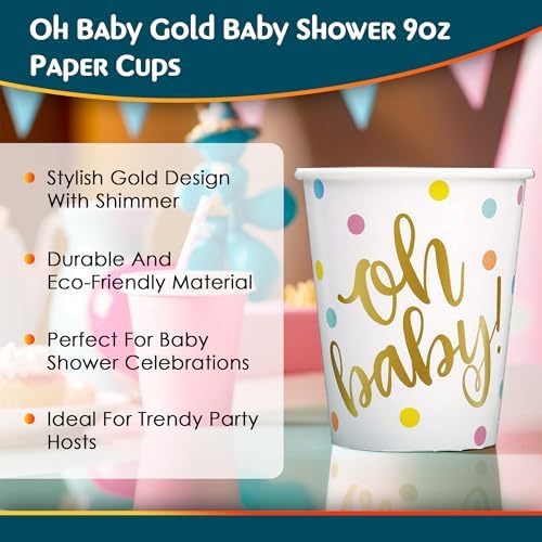 Unique Oh Baby Gold Paper Cups - 9 oz Pack of 8