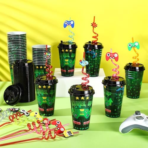 Maxcheck Game Controller Cups 24 Pack Birthday Favors with Lids and Straws