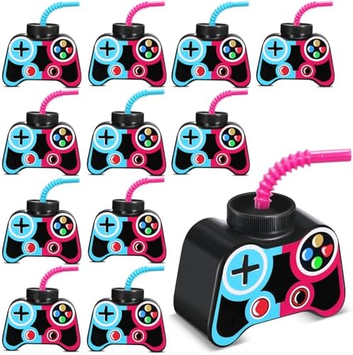 Mifoci 12 Pcs Gamer Shaped Party Cups with Straw and Lid