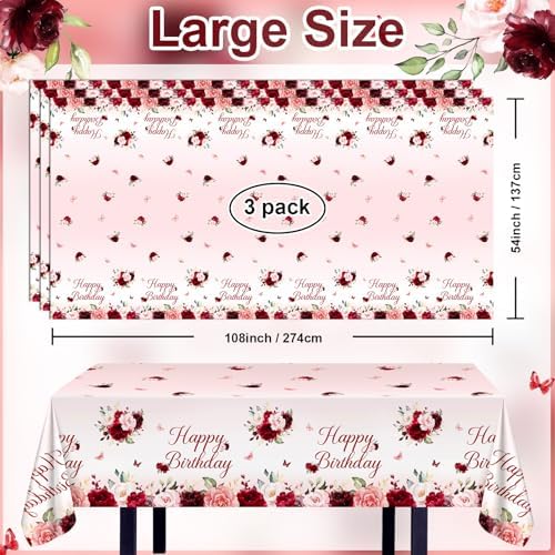 Avezano 3pcs Burgundy Floral Birthday Tablecloths 108x54 inch Red Pink Party Decorations