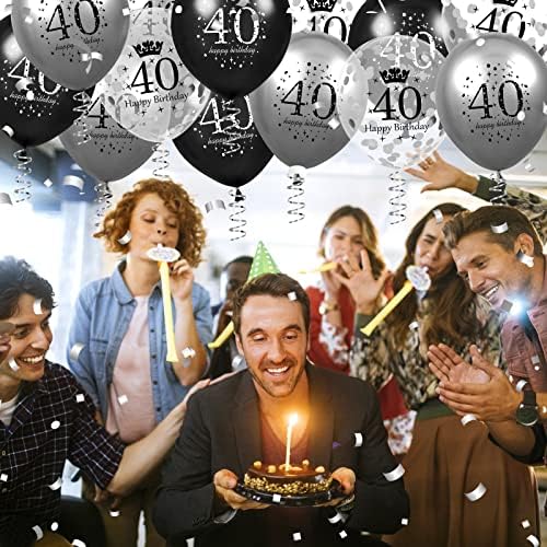 40th Birthday Balloons 15pcs Black Silver Party Decorations
