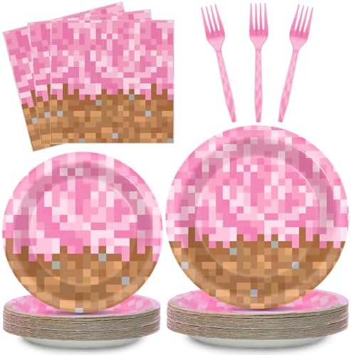 96Pcs Pixel Girl Birthday Plates Napkins Forks Set