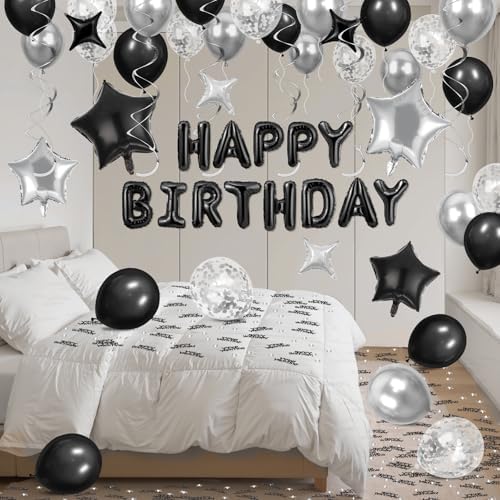 Black Happy Birthday Balloons Decorations with Star Balloons and Confetti
