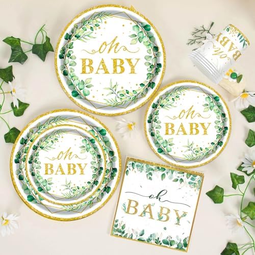 Sage Greenery Baby Shower Plates Napkins Tableware Set - 175 Pcs Gender Neutral Party Supplies