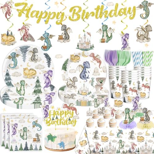 185Pcs Dragon Birthday Decorations Tableware Set