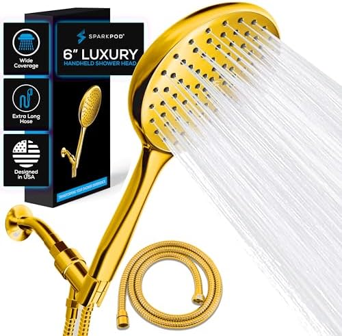 SparkPod High Pressure Handheld Shower Head with Hose and Bracket - 6 Inch Rainfall 6ft Hose Easy Install