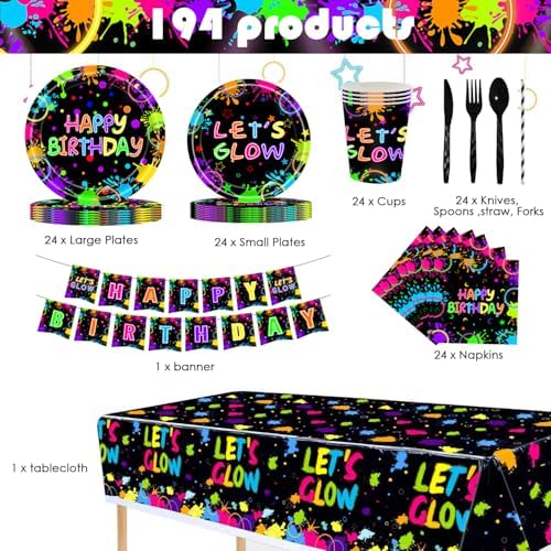 194 Pcs Neon Party Supplies for 24 Guests