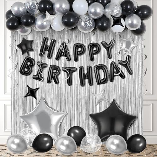 Black Happy Birthday Balloons Decorations with Star Balloons and Confetti