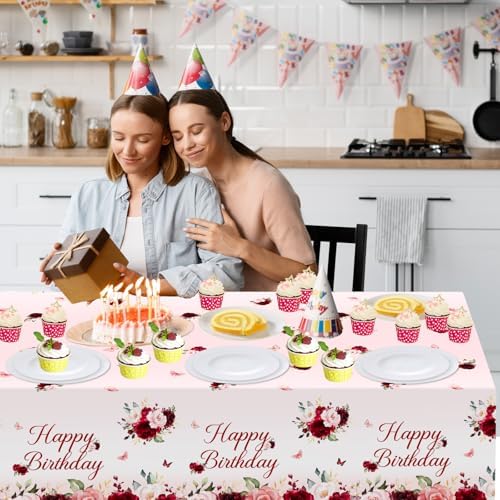 Avezano 3pcs Burgundy Floral Birthday Tablecloths 108x54 inch Red Pink Party Decorations