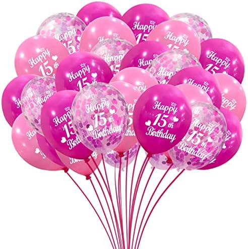 15th Birthday Pink and Hot Pink Balloons 30 Pack 12 Inch Confetti Party Decorations