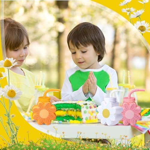 Domensi 24 Pcs Daisy Themed Cups with Lids and Straws