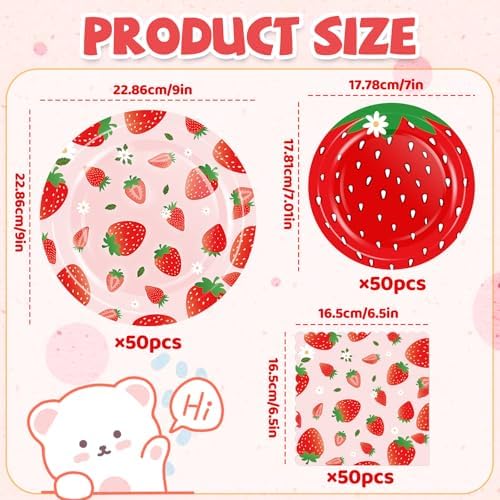 OuMuaMua Strawberry Themed Party Tableware Set 150 Pcs