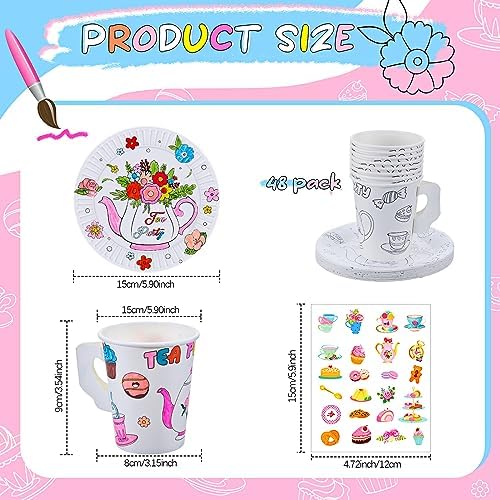 Lenwen 48 Piece Color Your Own Tea Party Cups with Handles and Plates