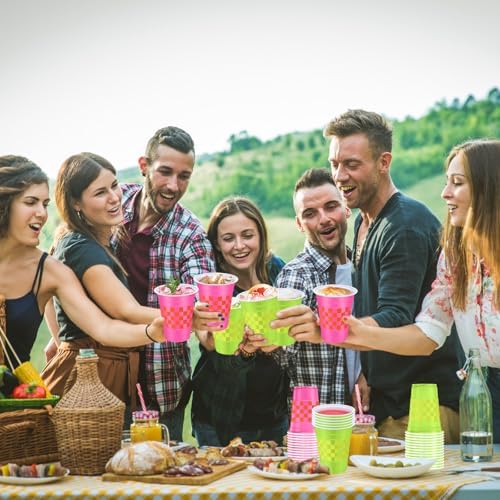 60 Pcs Pink Green Checkered Plastic Cups 16 oz