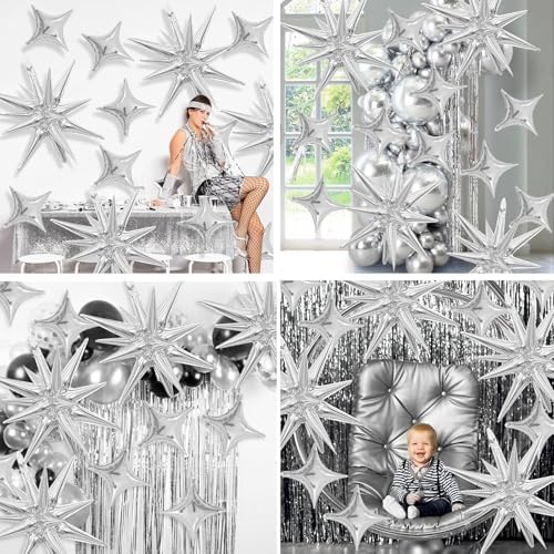 Silver Star Balloons Set with 6Pcs 22Inch Cone Star Foil and 10Pcs 10Inch Four Pointed Star Balloons