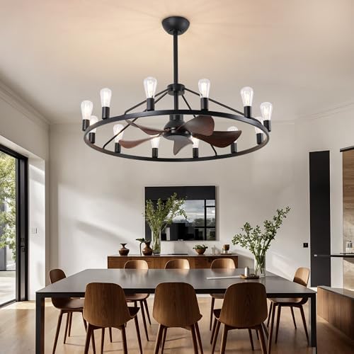 Farmhouse Wagon Wheel Ceiling Fan with Light and Remote