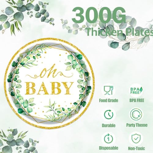Sage Greenery Baby Shower Plates Napkins Tableware Set - 175 Pcs Gender Neutral Party Supplies