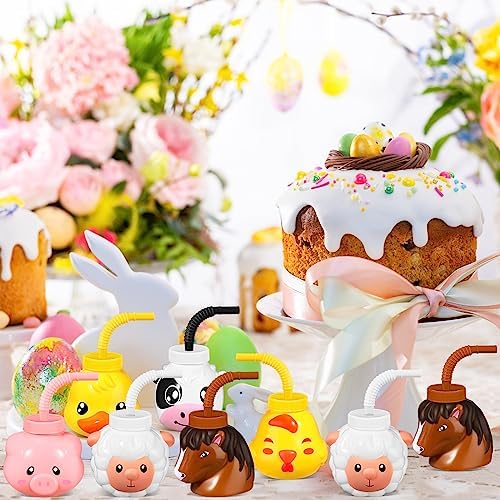Roshtia Farm Animal Cups 12 Set with Straws and Lids