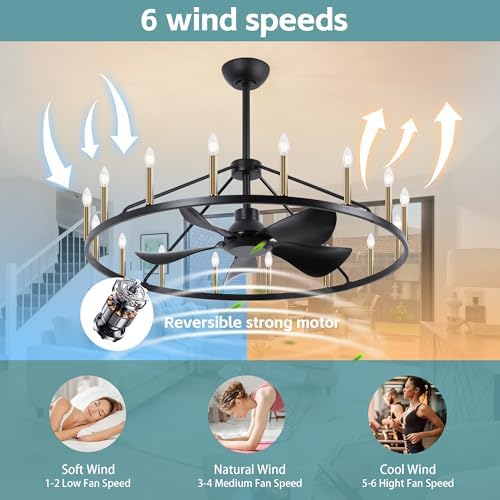 44 Inch Black Gold Wagon Wheel Ceiling Fan with Light