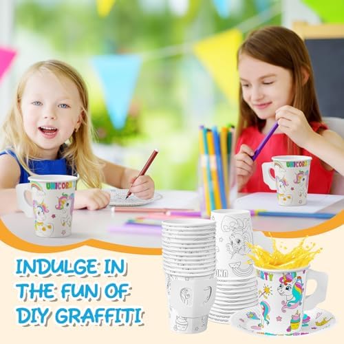 Lenwen 48 Piece Unicorn Tea Party Cups with Handle and Plates