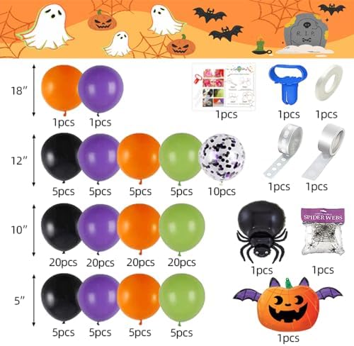 Halloween Balloon Garland Arch Kit - 140pcs Confetti and Foil Balloons with Spider Web Decorations