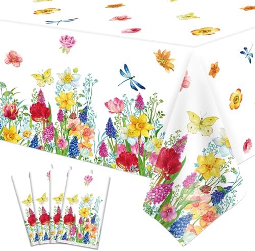 4 Pack Summer Floral Plastic Tablecloth for Parties and Picnics