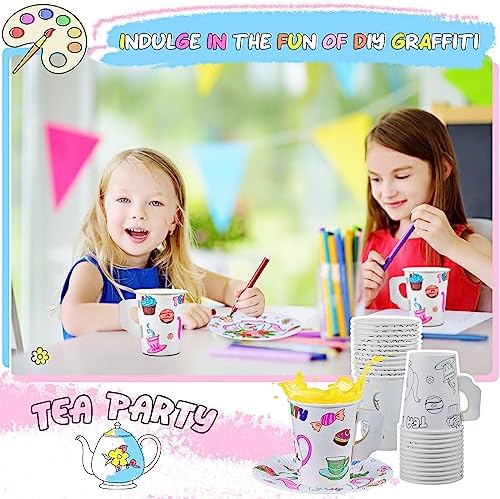 Lenwen 48 Piece Color Your Own Tea Party Cups with Handles and Plates