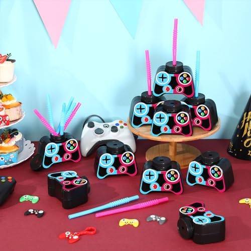 Mifoci 12 Pcs Gamer Shaped Party Cups with Straw and Lid