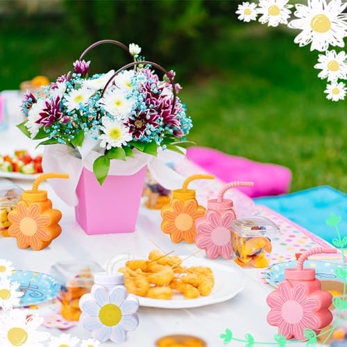 Domensi 24 Pcs Daisy Themed Cups with Lids and Straws