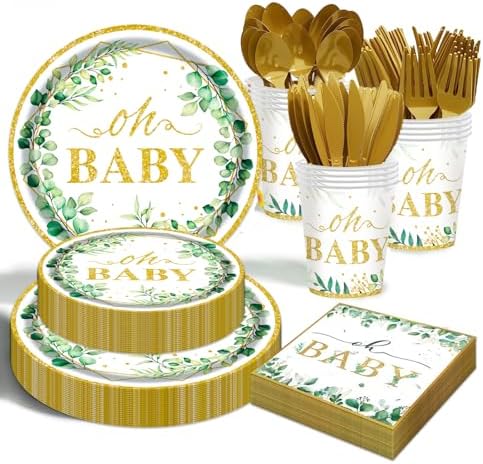Sage Greenery Baby Shower Plates Napkins Tableware Set - 175 Pcs Gender Neutral Party Supplies