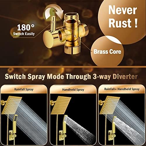 Bellearly Gold High Pressure Square Shower Head with Handheld and 3 Way Diverter