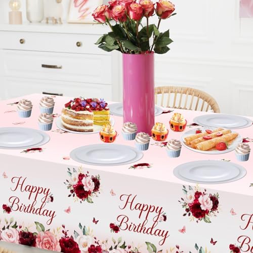 Avezano 3pcs Burgundy Floral Birthday Tablecloths 108x54 inch Red Pink Party Decorations