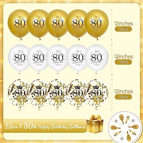 80th Birthday Balloons 15Pcs White Gold